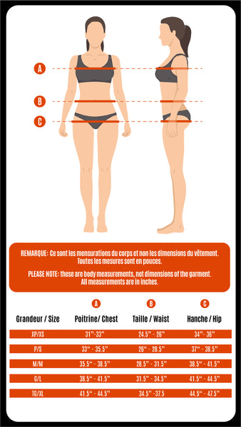 Women's body measurement size chart showing bust, waist and hip